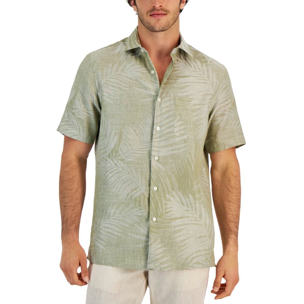 Club Room Mens Palm Leaves Linen Blend Short Sleeve Button Down Shirt Size S $65